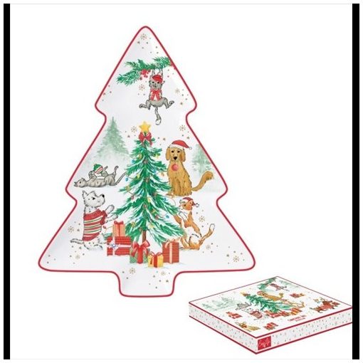 Porcelán fenyőtálca 20,5x25,5cm, dobozban, Christmas Gang