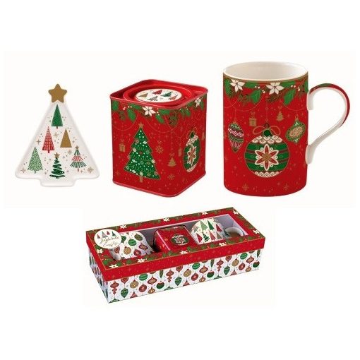 Easy Life-Nuova Porcelánbögre 350ml, +teafiltertartó 8,5x10,5cm+fémdoboz 7,5x7,5x9cm, ajándékszett dobozban, Jingle Bells, Atmosphere