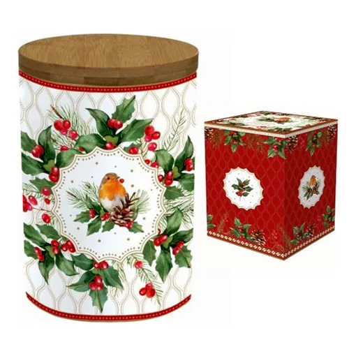 Porcelán konyhai tároló bambusz fedéllel,11x16cm, dobozban, Christmas Berries