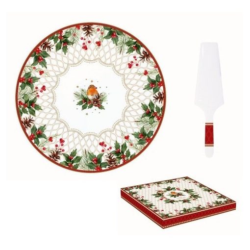 Easy Life-Nuova Porcelán tortatál lapáttal, 32cm, dobozban, Christmas Berries