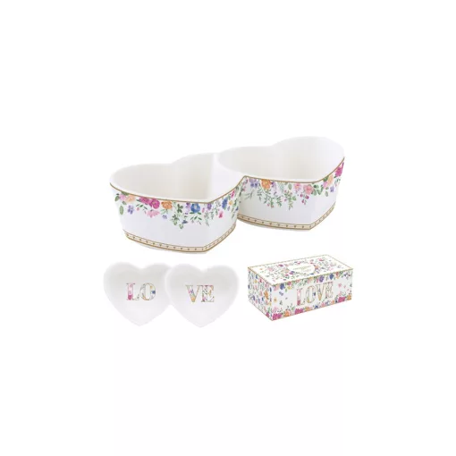 Porcelán dupla szívtálka 20x9,5cm, dobozban, Mon Amour – Easy Life-Nuova