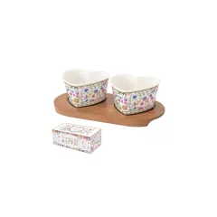   Porcelán szívtálka 2 db, akácfatálcán 21x10cm, dobozban, Mon Amour – Easy Life-Nuova