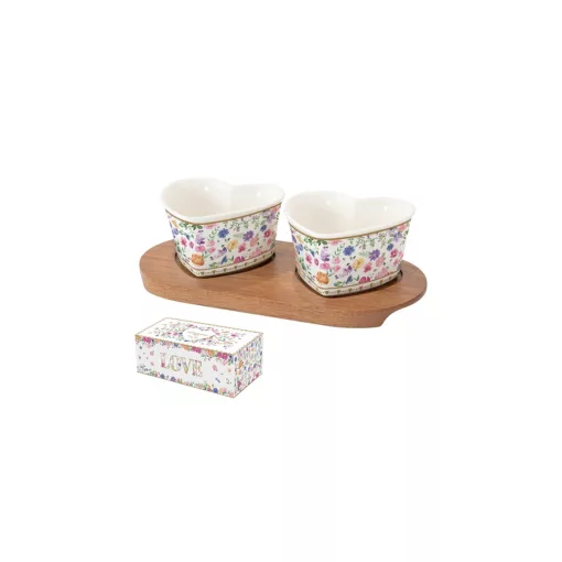 Porcelán szívtálka 2 db, akácfatálcán 21x10cm, dobozban, Mon Amour – Easy Life-Nuova