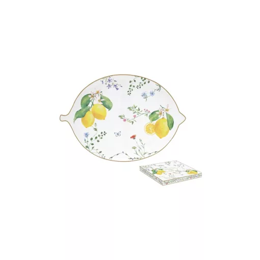 Citromformájú porcelántálca 25x18cm, dobozban, Fleurs et Citrons – Easy Life-Nuova