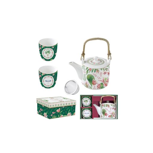 Porcelán teáskanna 600ml, fémszürővel, 2 porcelánpohárral 160ml, dobozban, Botanical Chic – Easy Life-Nuova