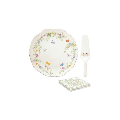 Porcelán tortatál lapáttal 32cm, dobozban, Dancing Butterflies – Easy Life-Nuova