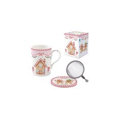   Porcelán szűrősbögre tetővel, 350ml, dobozban, Sweet Christmas – Easy Life-Nuova