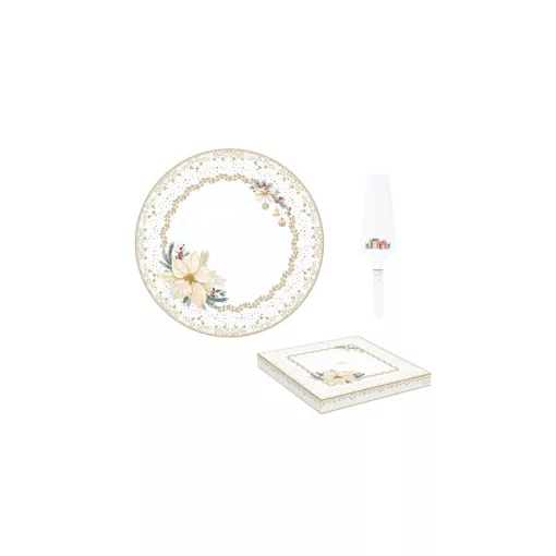 Porcelán tortatál lapáttal, 32cm, dobozban, White Elegance – Easy Life-Nuova