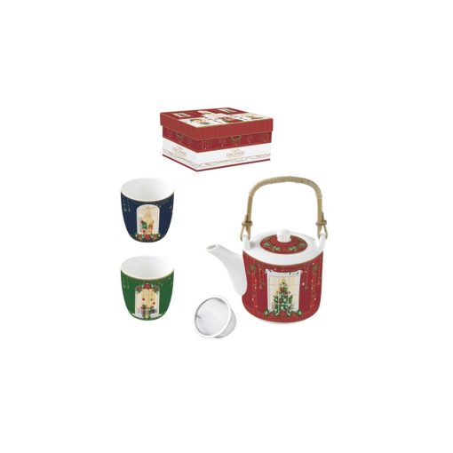 Porcelán teáskanna 600ml, fémszűrővel, 2 porcelánpohárral 160ml, dobozban, Festive Avenue, Atmosphere – Easy Life-Nuova