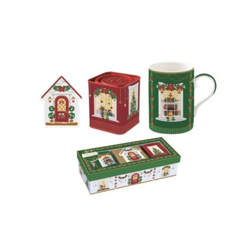 Porcelánbögre 350ml+teafiltertartó 8,5x10,5cm+fémdoboz 7,5x7,5x9cm, ajándékszett dobozban, Festive Avenue Atmosphere – Easy Life-Nuova