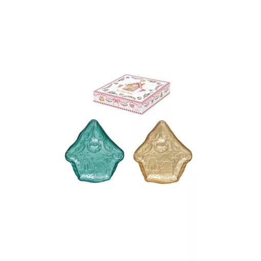 Üvegtál szett 2 db-os, 16,5x15cm, mézeskalács házikó forma, dobozban, Sweet Christmas – Easy Life-Nuova