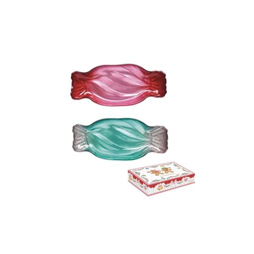 Üvegtál szett 2 db-os, 20,5x9cm, szaloncukor forma, dobozban, Sweet Christmas – Easy Life-Nuova
