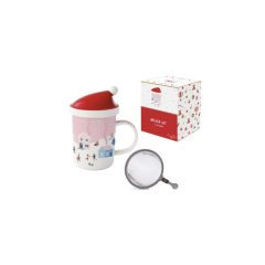   Porcelánbögre 370ml, tetővel, fémszűrővel, dobozban, Christmas Twist – Easy Life-Nuova