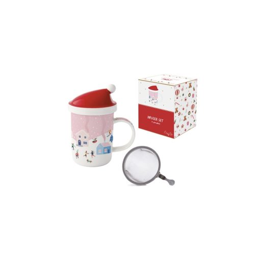 Porcelánbögre 370ml, tetővel, fémszűrővel, dobozban, Christmas Twist – Easy Life-Nuova