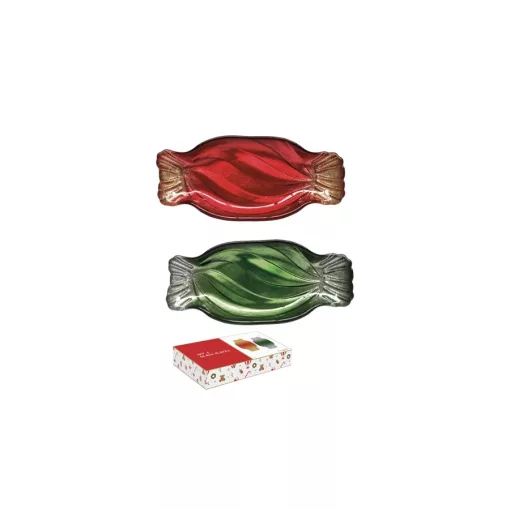 Szaloncukor üvegtál 2 db-os szett, piros-zöld, 20,5x9cm, dobozban, Christmas Twist – Easy Life-Nuova