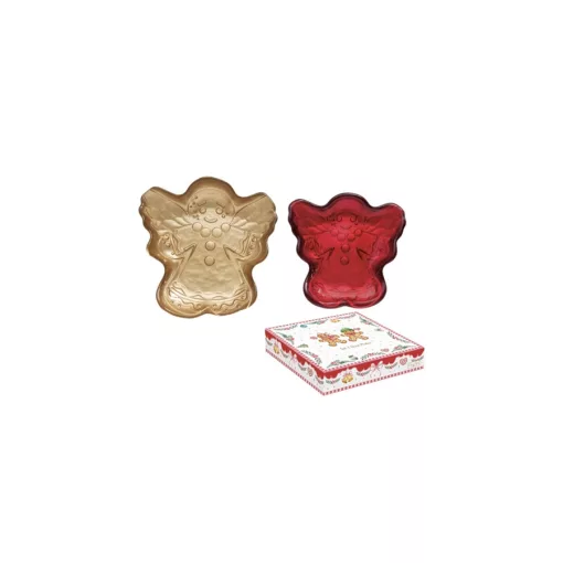 Üvegtál szett 2 db-os, 17x17/14x14cm, angyal forma, dobozban, Sweet Christmas – Easy Life-Nuova