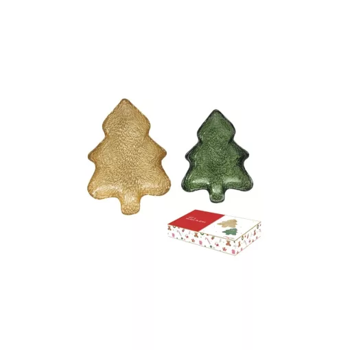 Fenyőfa üvegtál 2 db-os szett, arany-zöld, 20x13/16x11cm, dobozban, Christmas Twist – Easy Life-Nuova