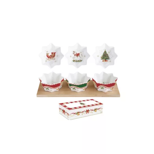Porcelán csillagtálka szett 3 db-os, bambusztálcán, 34x12cm, dobozban, Christmas Tale – Easy Life-Nuova