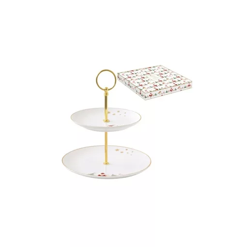 Porcelán süteményes állvány 2 emeletes, 16/21cm, dobozban, Let it Snow – Easy Life-Nuova