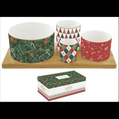  Easy Life-Nuova Porcelán kínálótál 4 db-os szett:11,5/8/6,5/4,5cm átmérő, bambusztálcán 29x13cm, Atmosphere, Fancy Christmas