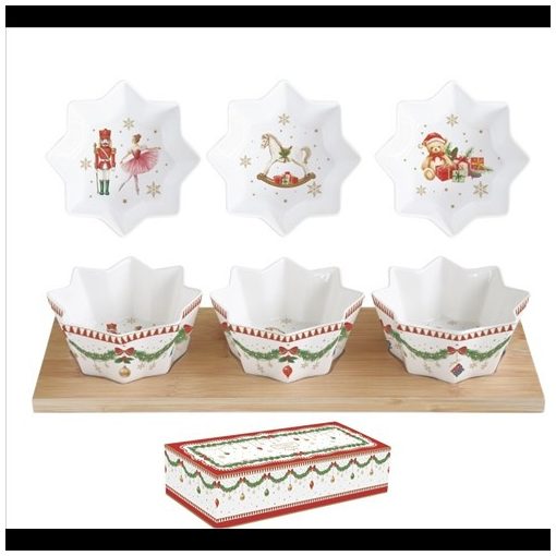 Easy Life-Nuova Porcelán csillagtálka szett 3 db-os, bambusztálcán, 34x12cm, Magie de Noel