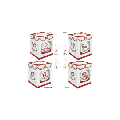 Kerámiagömb függődísz 7cm, dobozban, Christmas Dogs – Easy Life-Nuova