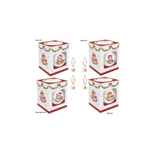 Kerámiagömb függődísz 7cm, dobozban, Christmas Cats – Easy Life-Nuova