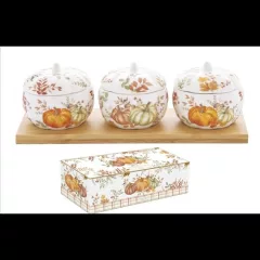   Easy Life-Nuova Porcelántálka fedővel, 3 db, tökformájú, bambusztálcán 28x9,5x9cm, dobozban, Harvest