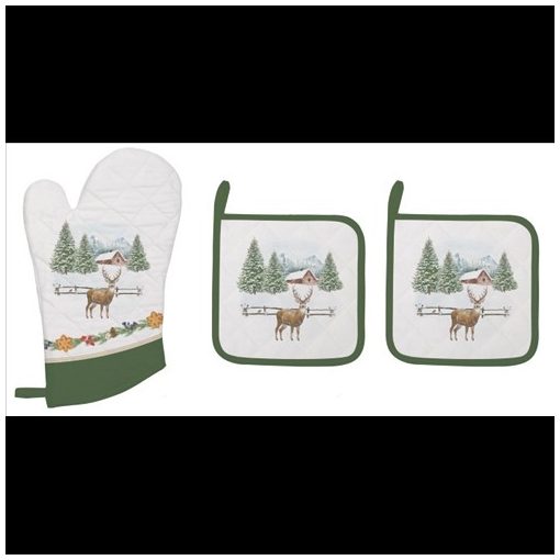 Easy Life-Nuova Edényalátét 2 db, 20x20cm+edényfogó kesztyű 20x30cm, 100% pamut, White Forest