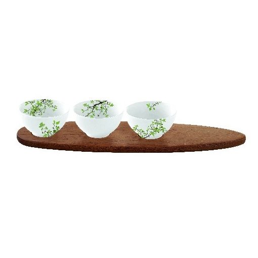 Porcelán 3db-os tálkaszett akácfa tálcán, 40x10,5cm, dobozban, Natura