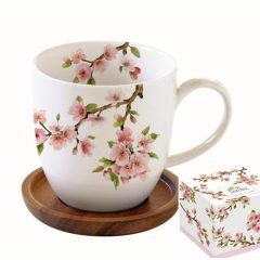 Porcelánbögre akácfa alátéttel, 350ml, dobozban, Sakura