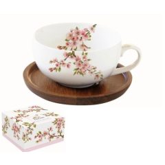   Porcelán teáscsésze akácfa aljjal, 250ml, dobozban, Sakura