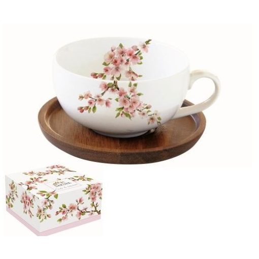 Porcelán teáscsésze akácfa aljjal, 250ml, dobozban, Sakura