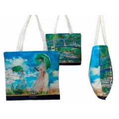   Textiltáska 40x43cm, Monet: Nő esernyővel/Híd a vizililiomok tava felett
