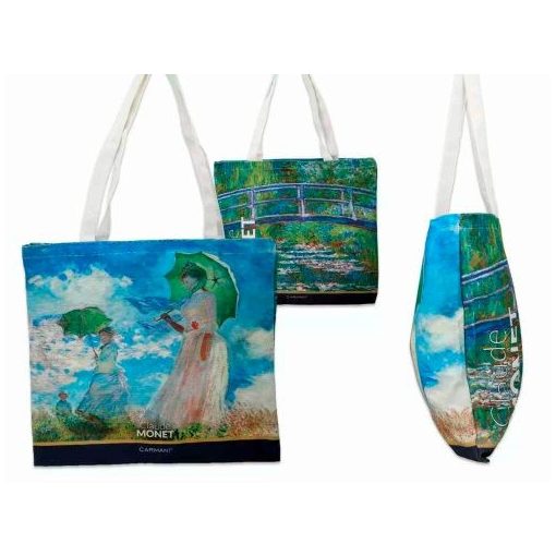 Textiltáska 40x43cm, Monet: Nő esernyővel/Híd a vizililiomok tava felett