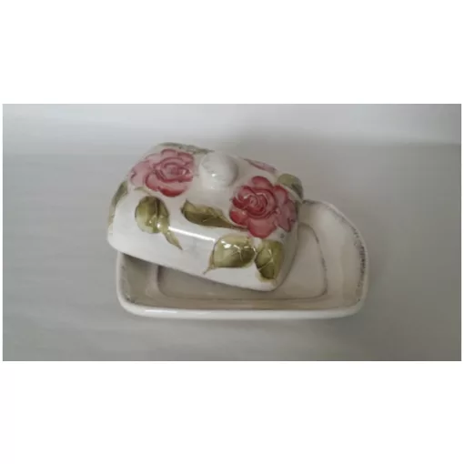 Domború mintás vajtartó, virágos bordó, kerámia, kézzel festett-sima. 19x14,5x9cm – Vanilia Kerámia