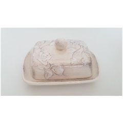   Domború mintás vajtartó, virágos natúr, kerámia, kézzel festett-sima:19x14,5x9cm – Vanilia Kerámia
