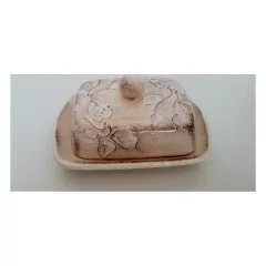   Domború mintás vajtartó, virágos natúr, kerámia, kézzel festett-sima:19x14,5x9cm – Vanilia Kerámia