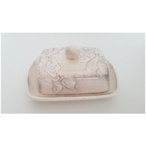 Domború mintás vajtartó, virágos natúr, kerámia, kézzel festett-sima:19x14,5x9cm – Vanilia Kerámia