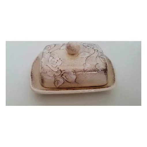 Domború mintás vajtartó, virágos natúr, kerámia, kézzel festett-sima:19x14,5x9cm – Vanilia Kerámia