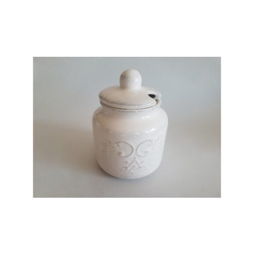 Romantik csipkés méztartó nagy, 0,75 l, dia11,5x15cm, natur, kerámia, kézzel festett -csurgatóval – Vanilia Kerámia