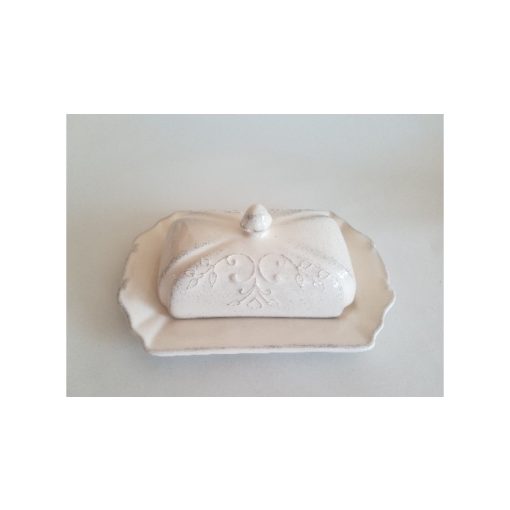 Romantik csipkés vajtartó, natur, fodros:22x15x9cm, kerámia, kézzel festett – Vanilia Kerámia