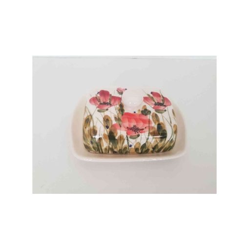 Tele virágos vajtartó, pipacs, kerámia, kézzel festett, sima:19x14,5x9cm – Vanilia Kerámia