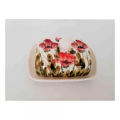 Tele virágos vajtartó, pipacs, kerámia, kézzel festett, sima:19x14,5x9cm – Vanilia Kerámia